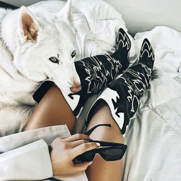 New Slouch Flame Embroidered Over The Knee Western Cowboy Cowgirl Boots Pull On - Picture 2 of 8